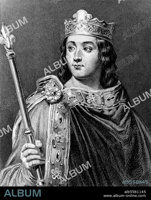 LOUIS FELIX AMIEL. Louis V Do-Nothing, King of France. (986-987), was the last Carolingian King of France. 966 - Compiègne 22.5.987. Portrait. Steel engraving, 1845, by Delannoy after a painting, c. 1837, by Louis Félix Amiel. (1802-1864). From: Ch. Gavard, Galeries Historiques de Versailles.