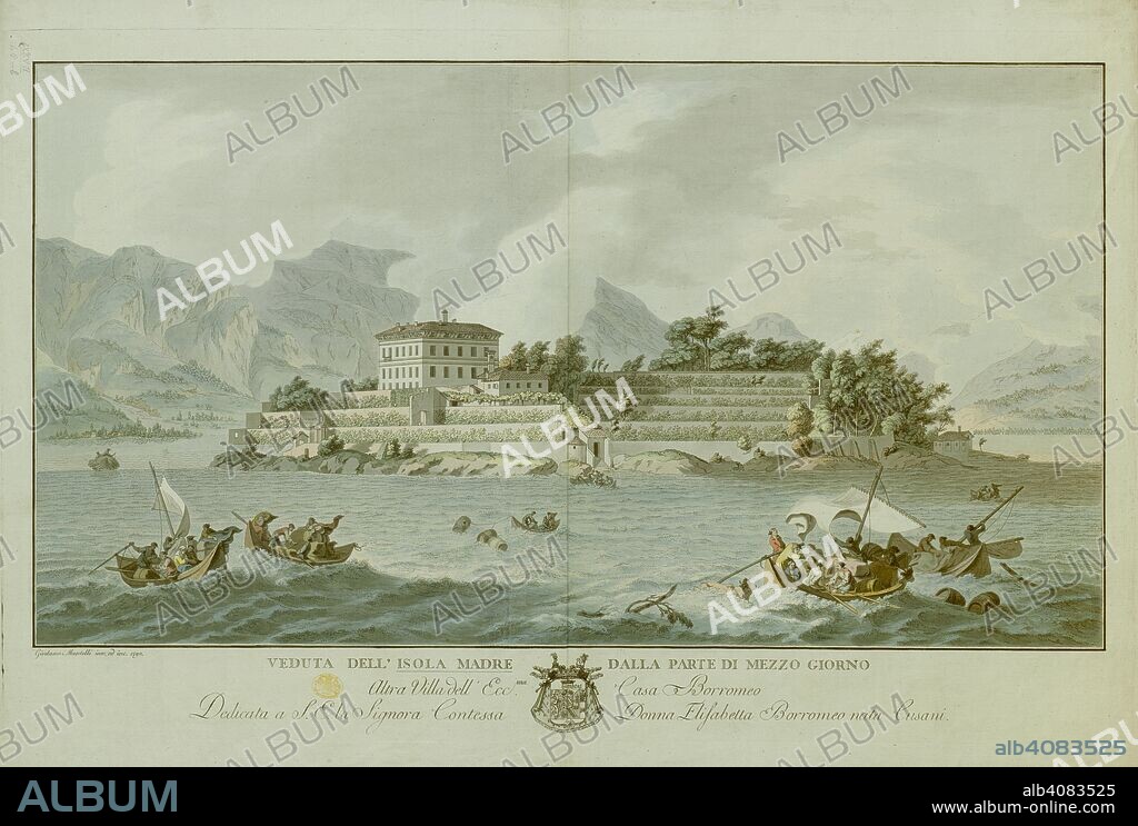 Five boats loaded with bales, barrels, cattle and passengers, sail in rough waters during a storm on Lake Maggiore in the foreground, near the shores of Isola Madre. Palazzo Borromeo and gardens can be seen against the mountains in the background. VEDUTA DELL' ISOLA MADRE DALLA PARTE DI MEZZO GIORNO : Altra Villa dell Ecc.ma Casa Borromeo Dedicata a S. E. la Signora Contessa Donna Elisabetta Borromeo nata Cusani. [Milan] : [Girolamo Mantelli], 1790. Source: Maps K.Top.77.48.b. Language: Italian.