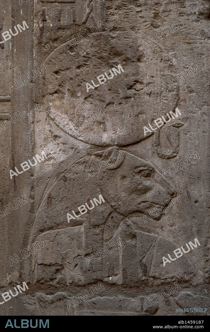 Relief depicting Sekhmet, goddess of war with lioness' head crowned with the solar disk and cobra snake. Walls of the Temple of Luxor. New Empire.