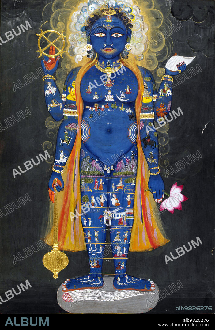 India: Vishnu as Vishvarupa. Watercolour painting, Jaipur, Rajasthan, c. 1800-1820.<br/><br/>. Vishnu (Sanskrit §µ§ø§ç§£Å Vi·£·áu) is the Supreme god in the Vaishnavite tradition of Hinduism. Smarta followers of Adi Shankara, among others, venerate Vishnu as one of the five primary forms of God.<br/><br/>. Vishnu as the Cosmic Man (Vishvarupa) is portrayed here with four arms, each holding one of his attributes: a conch shell, a lotus flower, a mace and his circular wand, called Sudarshana chakra (meaning 'beautiful disc'). The small figures all over his body refer to his role as the Universal Man who encompasses all.