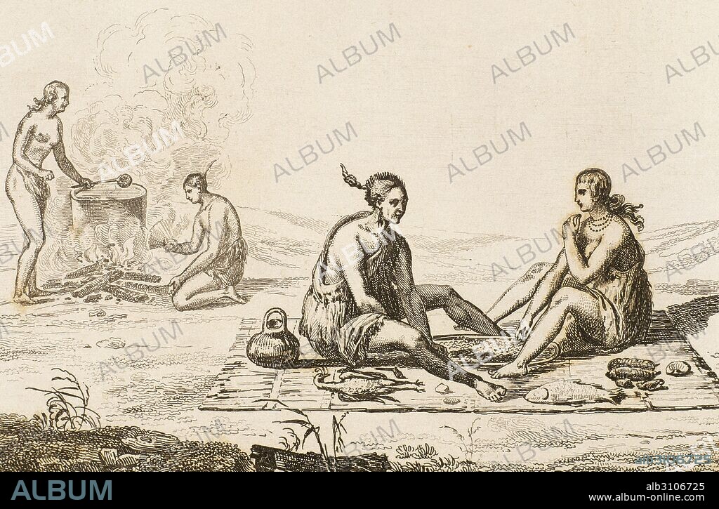 Indios americanos del siglo XVI. Preparación de comida india. Grabado del año 1841.
