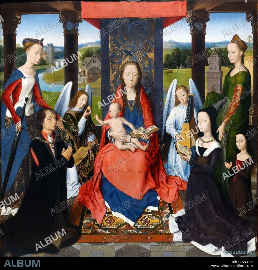 Triptych painting titled 'The Donne Triptych' by Hans Memling (1430-1494) a German Early Netherlandish painter. Dated 15th Century.