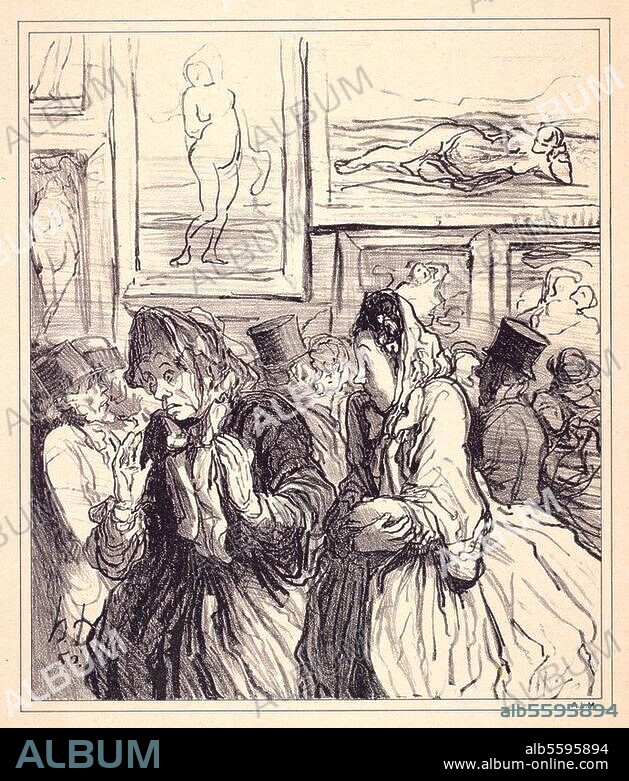Ausstellungen / Kunstausstellung:. "Cette année encore des Venus.. toujours des Venus! (...) ". Lithographie von Honoré Daumier (1808-1879). 2. Blatt der Serie "Croquis pris au Salon". Aus: Le Charivari, 10. Mai 1865.