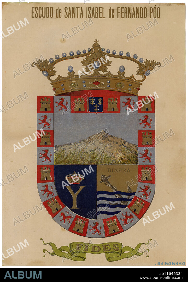 España. Guinea ecuatorial. Escudo de Santa Isabel de Fernando Póo, provincia autónoma española. Grabado de 1900.