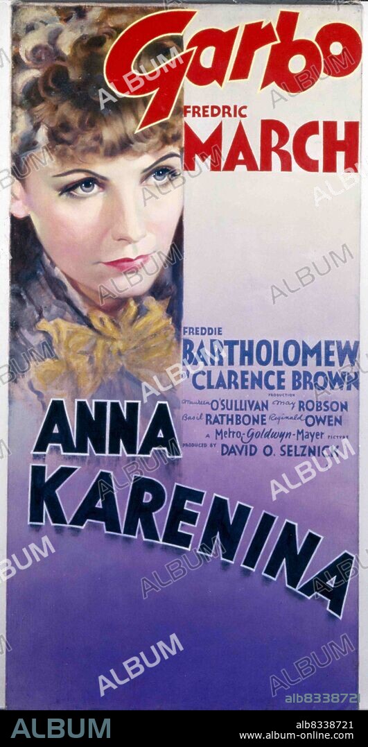 Film poster for 'Anna Karenina' a 1935 Metro-Goldwyn-Mayer film adaptation of the 1877 novel Anna Karenina by Leo Tolstoy and directed by Clarence Brown. The film stars Greta Garbo, Fredric March, Basil Rathbone, and Maureen O'Sullivan.