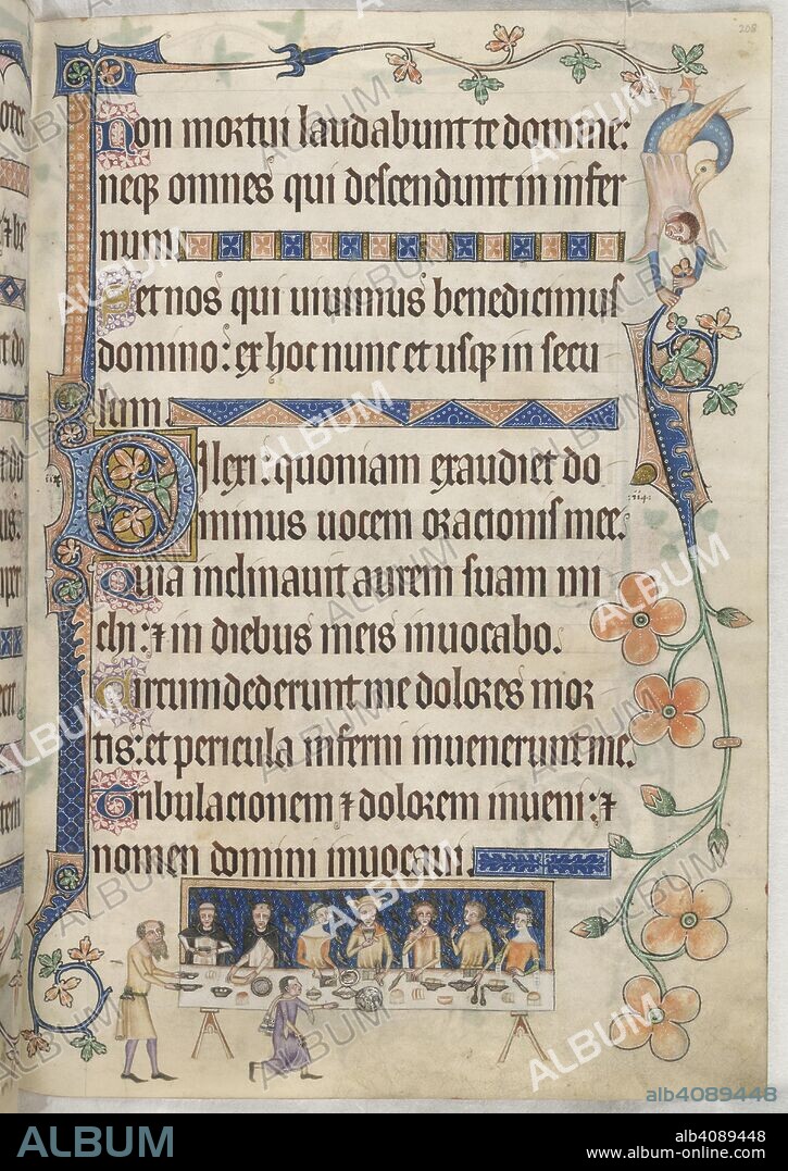The Luttrell family feasting.  . The Luttrell Psalter. 1325-1340. Source: Add. 42130 f.208. Language: Latin.