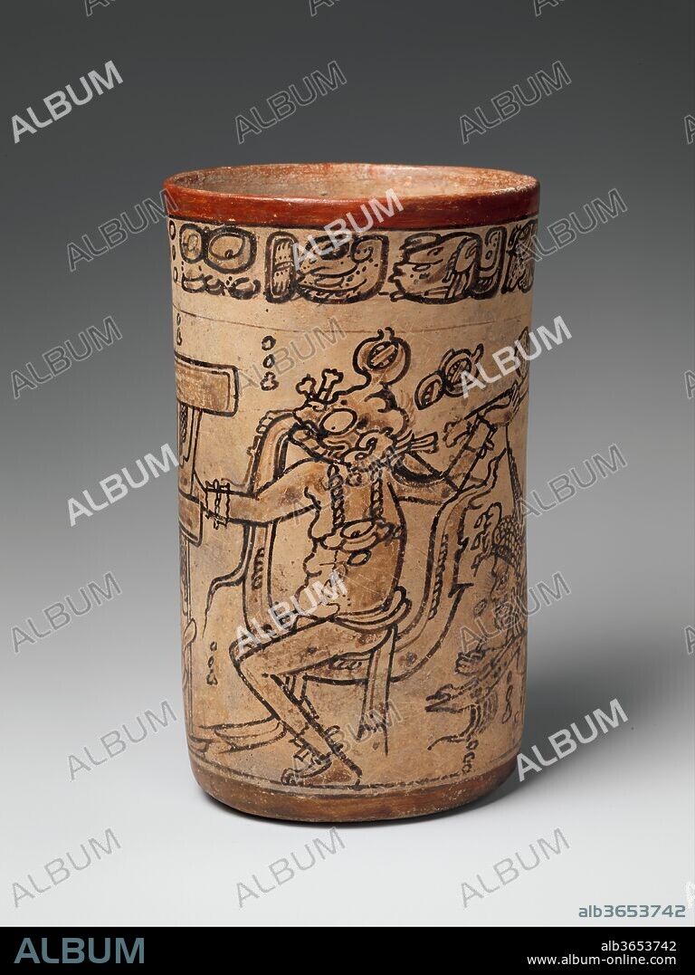 Codex-Style Vase with Mythological Scene. Culture: Maya. Dimensions: H. 7 1/2 × Diam. 4 7/16 × Circum. 13 7/16 in. (19 × 11.2 × 34.2 cm). Date: ca. 7th or 8th century.
This detailed scene, created by one of the finest artists of the Classic Maya period (ca. 250-900), illuminates the lives of the gods and their role in the continuation of the world. The inscription below the rim refers to "raising" the "drinking cup" in an act of dedication and to the vessel's owner as a "striker." The striker may be the elderly rain god Chahk, who wields a ceremonial axe in his left hand and places his right hand on a stone temple or palace that he has split open. The rain god cracking the roof of a structure, allowing the maize god to come to life, illustrates Maya myths about rain and agricultural cycles. To the right of the rain god, a serpent exits the structure and another elderly god issues from the serpent's maw. This aged deity may represent the thunder god. Raindrops--shown as pairs or in threes in vertical lines across the vessel--perhaps suggest the start of the rainy season.
The narrative scene on this ceramic vessel is executed in the "codex style," so named for the calligraphic painting style associated with Maya manuscripts. The style was popular in the seventh and eighth centuries in regions now part of southern Mexico and northern Guatemala. The quality of the artist's line makes this object among the best examples of ancient Maya vase painting. A youthful maize god stands before a broken temple with his arms raised and bent at the elbows, a position perhaps associated with royal office. The artist set up a striking comparison between the aged rain god and the youthful maize god, shown in robust good health, with an elegant profile and markings on his arm indicating shininess or beauty. The scene conveys a narrative underscoring the regenerative power of rain and the growth cycle of maize, the principal food crop of the ancient Maya.