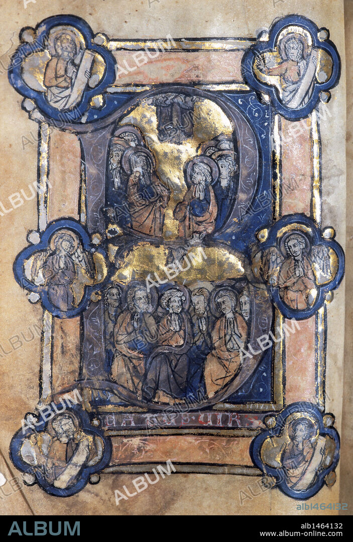 ARTE GOTICO. ESPAÑA. S. XIV. LIBRO DE HORAS (LIBER HORARUM). LETRA CAPITULAR miniada e iluminada con la "ASCENSION DEL SEÑOR Y LA VENIDA DEL ESPIRITU SANTO". Miniatura del folio 2. Impreso seguramente en Lyon o París. Biblioteca de la Universidad de Barcelona. Cataluña.