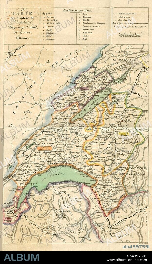 Map of Cantons de Neuchatel, Freyburg, Vaud, and Geneva, Switzerland, Map of the canton of Geneva, Vaud, Friborg and Neuchâtel, signed: Gravé par L. Slaes, Fig. 20, after p. 92, Slaes, Léon (grav.), 1824, Charles Alexander Snoeck: Promenade aux Alpes. [Nicht ermittelbar]: [nicht ermittelbar], 1824.