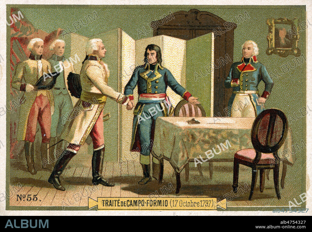 'Traite de Campo-Formio, 17 octobre 1797'. Paix entre la France et l'Autriche signee par Bonaparte. Chromo publicitaire vers 1890. Illustration anonyme. Credit : Collection KHARBINE-TAPABOR.