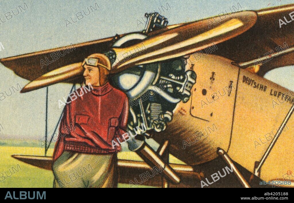Elly Beinhorn with her plane, 1932. Beinhorn (1907-2007) was one of Germany's most distinguished female aviators. In 1931 she crash-landed in the Sahara on the way to Portuguese Guinea (now Guinea-Bissau). She joined a Tuareg camel caravan to Timbuktu and later returned to the crash site to recover parts of the plane. Flying a Klemm monoplane, she flew to Mount Everest, Bali and eventually Australia. She was the second woman to fly solo from Europe to Australia, after Amy Johnson. From "Die Eroberung Der Luft", (The Conquest of the Air), cigarette card album produced by the Garbáty cigarette factory, 1932. Eugene and Moritz Garbáty, who were Jewish, were driven out of business by the Nazis in the late 1930s, and forced to sell their factory which lay empty for over 70 years. [Garbaty Cigarettenfabrik, Berlin-Pankow, 1932].