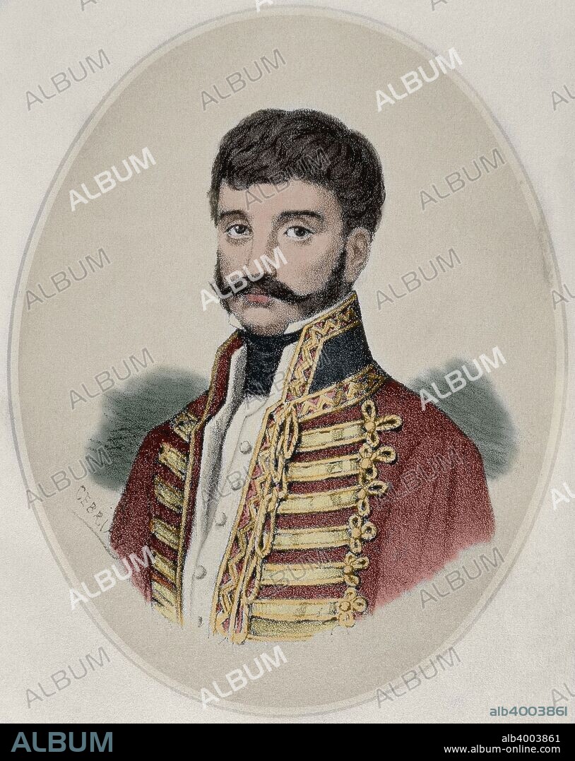 El Empecinado (Juan Martín Díez o Díaz) (Castrillo de Duero, provincia de Valladolid, 1775-Roa, provincia de Burgos, 1825). Guerrillero español. Su profesión era la de labrador e inició la lucha contra las tropas francesas en 1808. Fue nombrado mariscal de campo por la Regencia pero sus ideas liberales le enemistaron con Fernando VII. Litografía procedente del libro "Los Borbones ante la Revolución", firmado por Cebrián. Grabado, 1870. Coloreado.