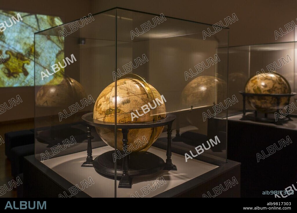 16th century terrestrial globe and celestial globe in the Mercator museum about the history of cartography, Sint-Niklaas, East Flanders, Belgium