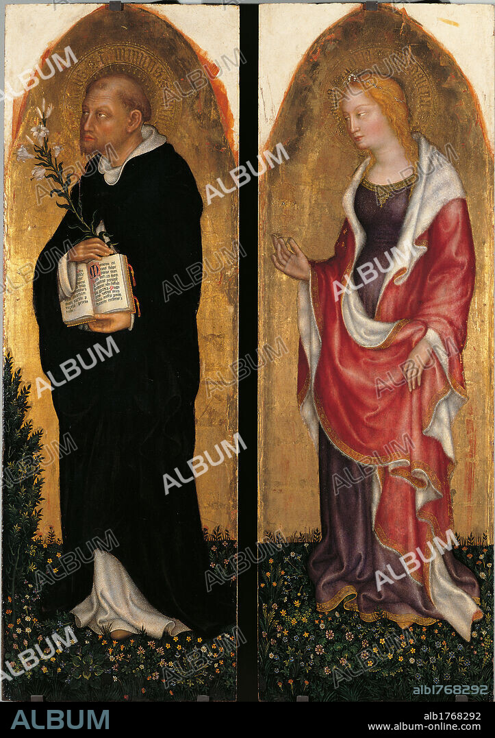 Valle Romita Polyptych, by Gentile di Niccol known as Gentile da Fabriano, 1405-1410 about, 15th Century, tempera and gold on wood, cm 157,2 x 79,5117,5 x 40 cm lower side panel, 48,9 x 37,8 cm upper side panel. Italy, Lombardy, Milan, Brera Art Gallery. Detail. St Dominic frock habit black habit white lily book St Mary Magdalene red long hair dress garment balsamario perfume flask, main order, right side panels. Authorization required for non editorial use.