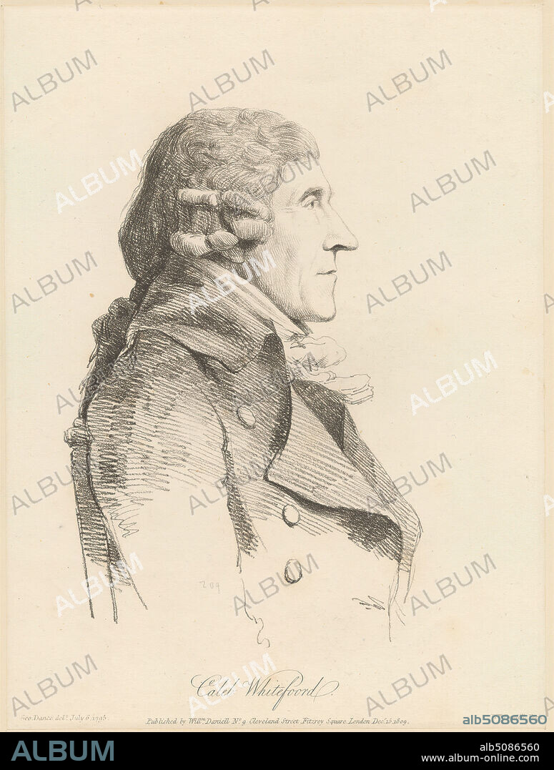 Caleb Whitefoord, Print made by William Daniell, 17691837, British, after George Dance RA, 17411825, British, Published by William Daniell, 17691837, British, 1809, Soft-ground etching on moderately thick, slightly textured, beige wove paper, Sheet: 10 3/8 x 7 3/4 inches (26.3 x 19.7 cm), collar, cravat, curls, diplomat, man, merchant, portrait, posing, profile, wig.