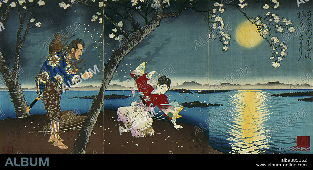 TSUKIOKA YOSHITOSHI. The Ancient Incident of Umewaka and the Child Seller beside the Sumida River, 1883. Series: Famous Places in the East.