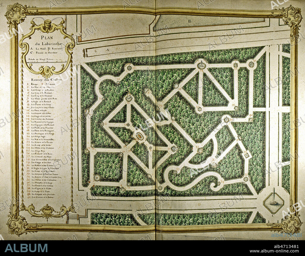 Labyrinthe du chateau de Versailles. Plan tire de l'ouvrage de Jacques DUBOIS 'Recueil des plans des distributions du chateau et jardins de Versailles', datant de 1732. Ouvrage conserve a la bibliotheque municipale de Versailles. Ms F 462. Credit : Collection JEAN VIGNE / KHARBINE-TAPABOR.