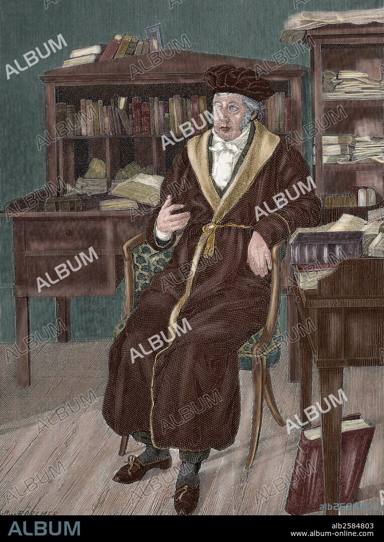 Georg Wilhelm Friedrich Hegel (1770-1831). German philosopher. Hegel in his study. Portrait. Engraving by R. Cremer. Colored.