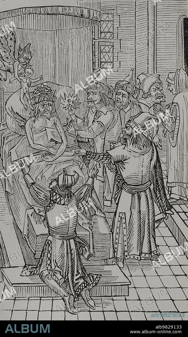 Mehmed II (1432-1481). Sultán otomano. Muerte de Mehmet II. Su alma es arrebatada por el diablo. Sus dos hijos, Bajazet y Cem, ante el lecho de muerte. Grabado a partir de "Description du siége de la ville de Rhodes", 1496. "Vie Militaire et Religieuse au Moyen Age et à l'Epoque de la Renaissance". París, 1877.