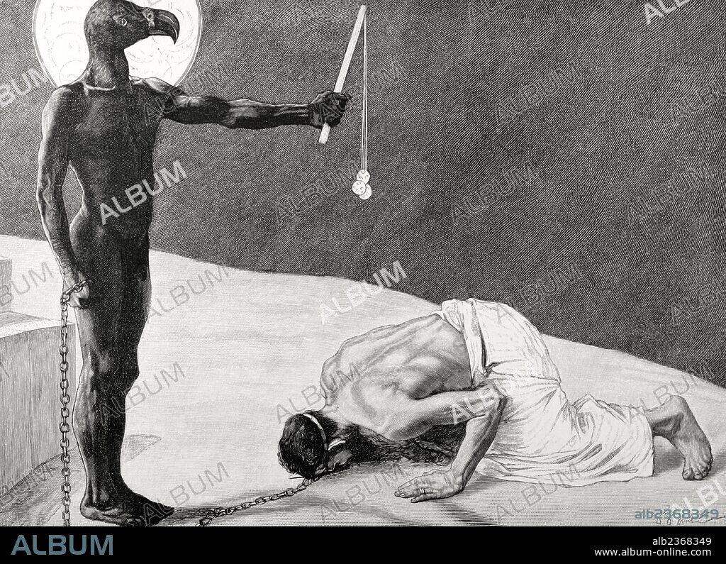 Mammón es un término utilizado en el Nuevo Testamento para describir la abundancia o avaricia material. Símbolo del dinero y del vivir materialista. "Mammón, el ídolo de la riqueza, y su esclavo". Dibujo de Alejandro Schneider. Grabado por J. Weber. "La Ilustración Artística", 1896.