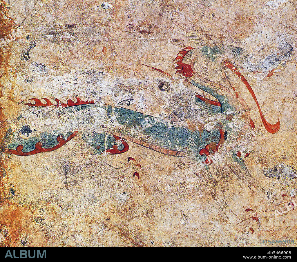 The Takamatsuzuka Tomb (Takamatsuzuka Kofun or 'Tall Pine Tree Ancient Burial Mound' is an ancient circular tomb in Asuka village, Nara prefecture, Japan. Dating from the 6th-7th century AD, it contains painted fresco wall paintings of courtiers in Goguryeo-style garb. The paintings are in full color with red, blue, gold, and silver foil representing four male followers and four abigails together with the Azure Dragon, Black Tortoise, White Tiger, and Vermilion Bird groups of stars. The paintings are designated as a national treasure of Japan. For whom the tomb was built is unknown, but the decorations suggest it is for a member of the Japanese royal family or a high-ranking nobleman.