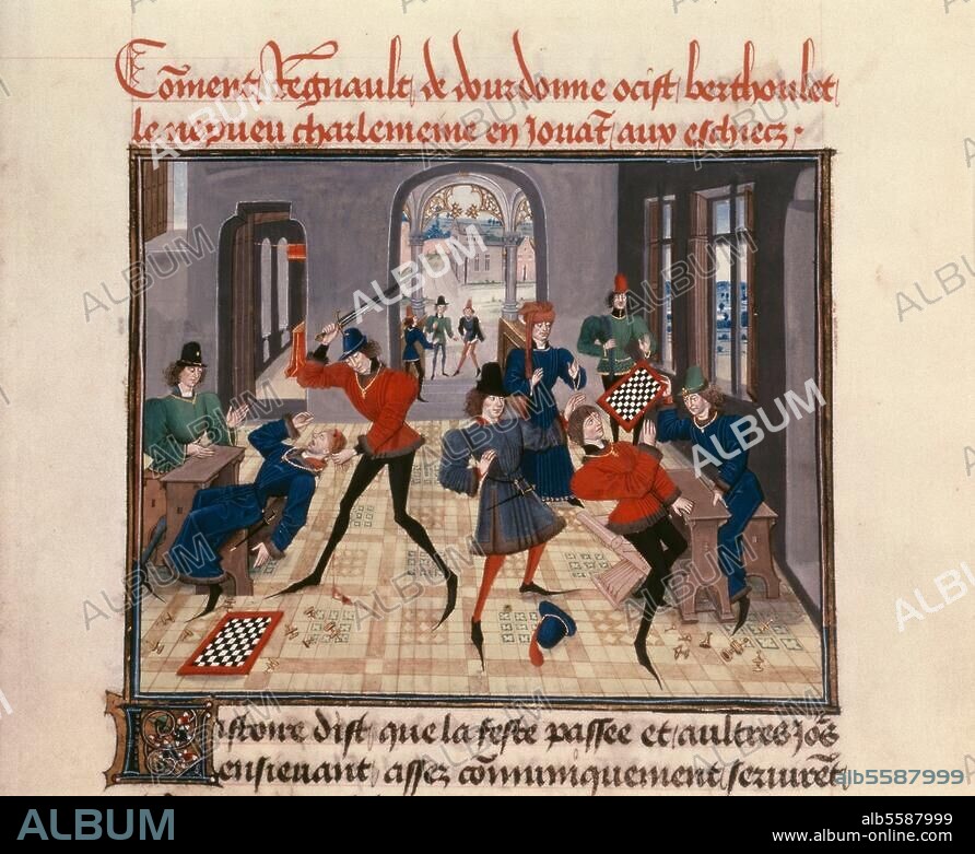 Literatur / Sagen:. Haimonskinder (Reinold von Montalban). Regnault erschlägt Berthoulet, den Neffen Karls des Großen, beim Schachspiel. Buchmalerei, um 1462/70, von David Aubert. Aus der Prosabearbeitung "Regnault de Montauban" in 4 Bänden. Ms. Arsenal 5073, fol. 15 v, Paris, Bibliothèque de l'Arsenal.