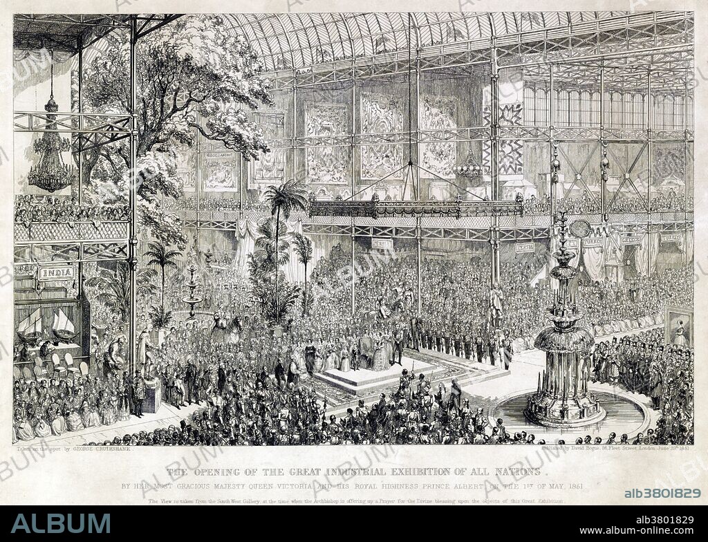 Entitled: "Opening of the Great Industrial Exhibition of all nations, by her most gracious majesty Queen Victoria and his royal highness Prince Albert, on the 1st of May, 1851" shows an interior view of the Crystal Palace during the Great Industrial Exhibition, with Queen Victoria and the royal family at center, the Archbishop to the left, and many spectators gathered in the wings of the gallery. The Great Exhibition of the Works of Industry of all Nations was an international exhibition that took place in Hyde Park, London, from May 1st to October 11th, 1851. It was the first in a series of World's Fair exhibitions of culture and industry that became popular in the 19th century and was a much anticipated event. The Great Exhibition was organized by Henry Cole and Prince Albert, husband of the reigning monarch, Queen Victoria. Six million people - equivalent to a third of the entire population of Britain at the time - visited the Great Exhibition. The event made a surplus of Â£186,000 (Â£18,190,000 in 2015), which was used to found the Victoria and Albert Museum, the Science Museum and the Natural History Museum. Engraving by George Cruikshank.