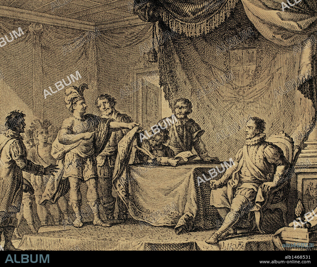 CONQUISTA DEL IMPERIO INCA O DEL PERU (siglo XVI). Tratado de sumisión de SAYRI TUPAC, hijo de Manco Capac II, monarca inca, ante Don Andrés Hurtado de Mendoza, III Marqués de Cañete (h.1516-1561), Virrey del Perú. Grabado del 1807.