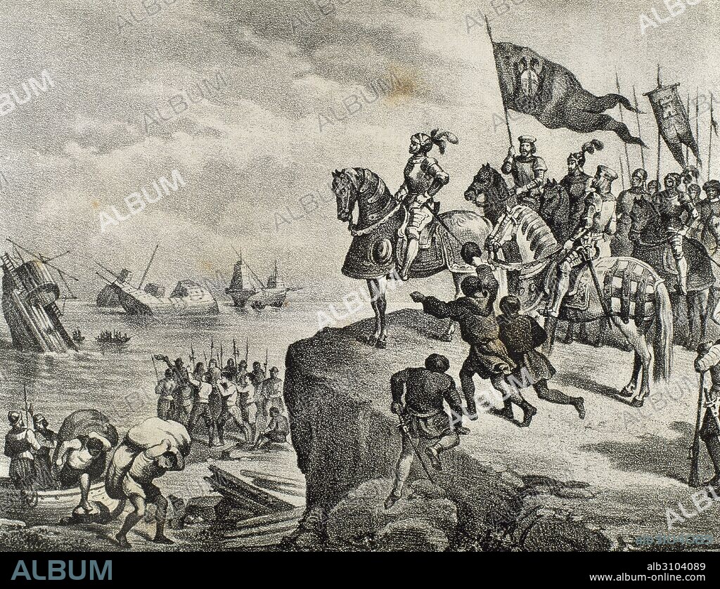 Conquest of Mexico, 1519. Hernan Cortes (1488-1547), Spanish conqueror of Mexico, defeats the Indians who oppose his landing. Engraving in "Historia de Espana". 19th century.