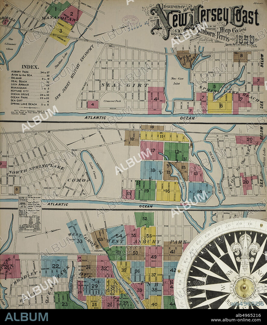 Image 1 of Sanborn Fire Insurance Map from New Jersey Coast, New Jersey Coast, New Jersey. 1890 Vol. 4. 42 Sheet(s). Includes Anglesea, Avalon, Cape May, Cape May Point, Holly Beach City, Mount Vernon, New Mount Vernon, Ocean City, Sea Isle City, Shellingers Landing, West Cape May, Wildwood Beach. Bound, America, street map with a Nineteenth Century compass.