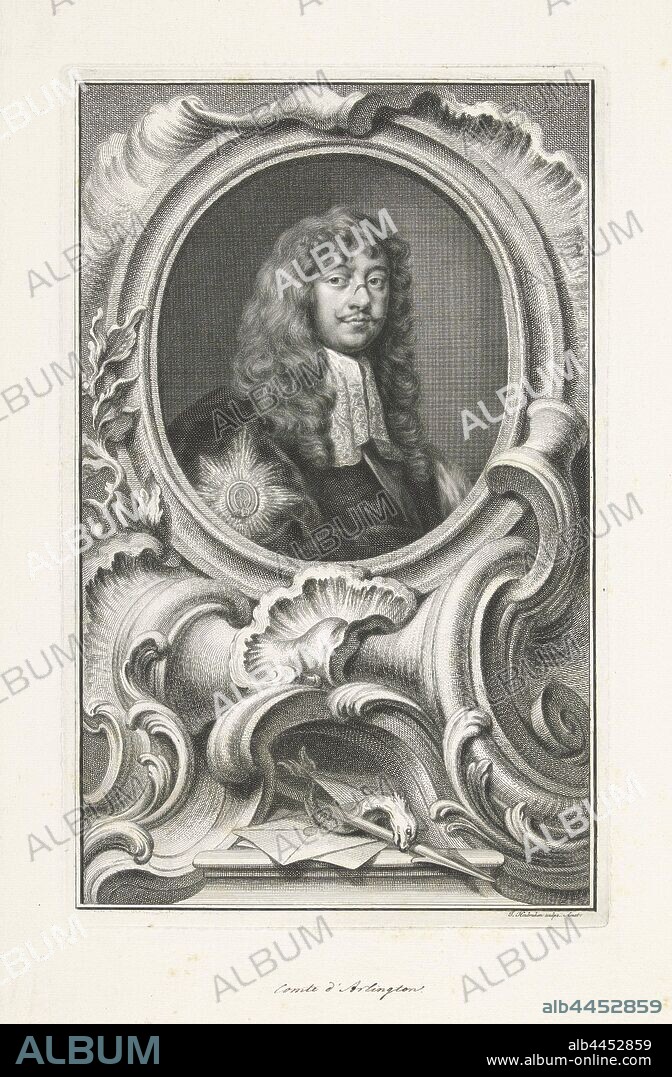Portrait of Henry Bennett 1st Earl of Arlington, Bennett (1st Earl of Arlington), Henry, Jacob Houbraken (mentioned on object), Amsterdam, 1737 - 1739, paper, pen, h 372 mm × w 235 mm.