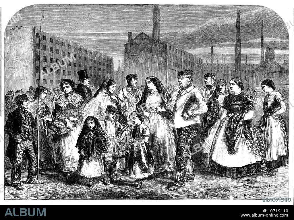The Cotton Famine: group of mill operatives at Manchester, 1862. Lancashire Textile workers. 'The Carder's business is to see that machinery is kept in perfect working order...The Jack Tenter is a girl whose duty consists in taking charge of the roving frames...The business of the Hand-mule Spinner is to take the cotton rovings from the Carder and Jack Tenter, and make a thread so fine as scarcely to be seen by the naked eye, as well as threads so coarse it would require a great effort of strength to break them. The Throstle Spinner looks after throstle-frames, which produce warp-threads. She has an assistant, called the Throstle Doffer, a little girl or boy...The duty of Half-timers is to clean the machinery...that of the Power-loom Weaver consists in taking the warp and weft from the spinners and making them into cloth. The Hot-water Woman is one who provides the mill-hands with jugs and hot water for their breakfasts and dinners. The duty of the Knockers-up is to awake the factory operatives in the morning: they receive 2d. a week from each hand they knock up. The Overlooker to Self-acting Mules is one who superintends the machinery of that department...The Power-loom Overlooker superintends the machinery of the power-loom department'. From "Illustrated London News", 1862.