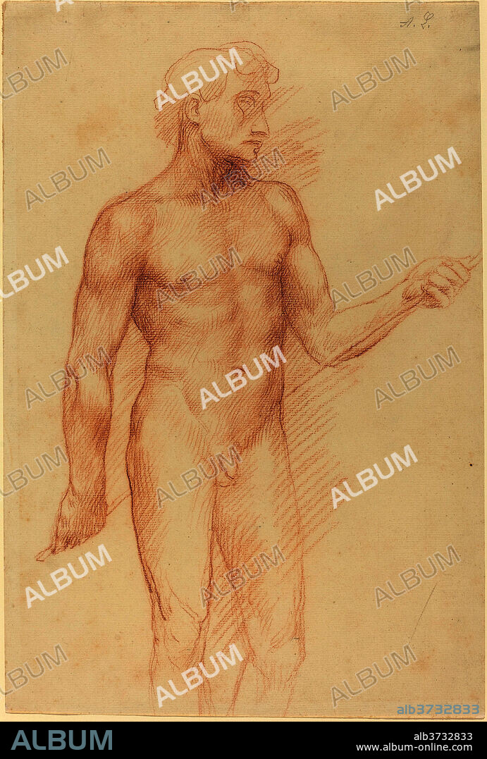 ALPHONSE LEGROS. Study of a Man's Figure, Holding Rod behind Back. Dimensions: overall (approximate): 41.1 x 27.5 cm (16 3/16 x 10 13/16 in.). Medium: red chalk on laid paper.