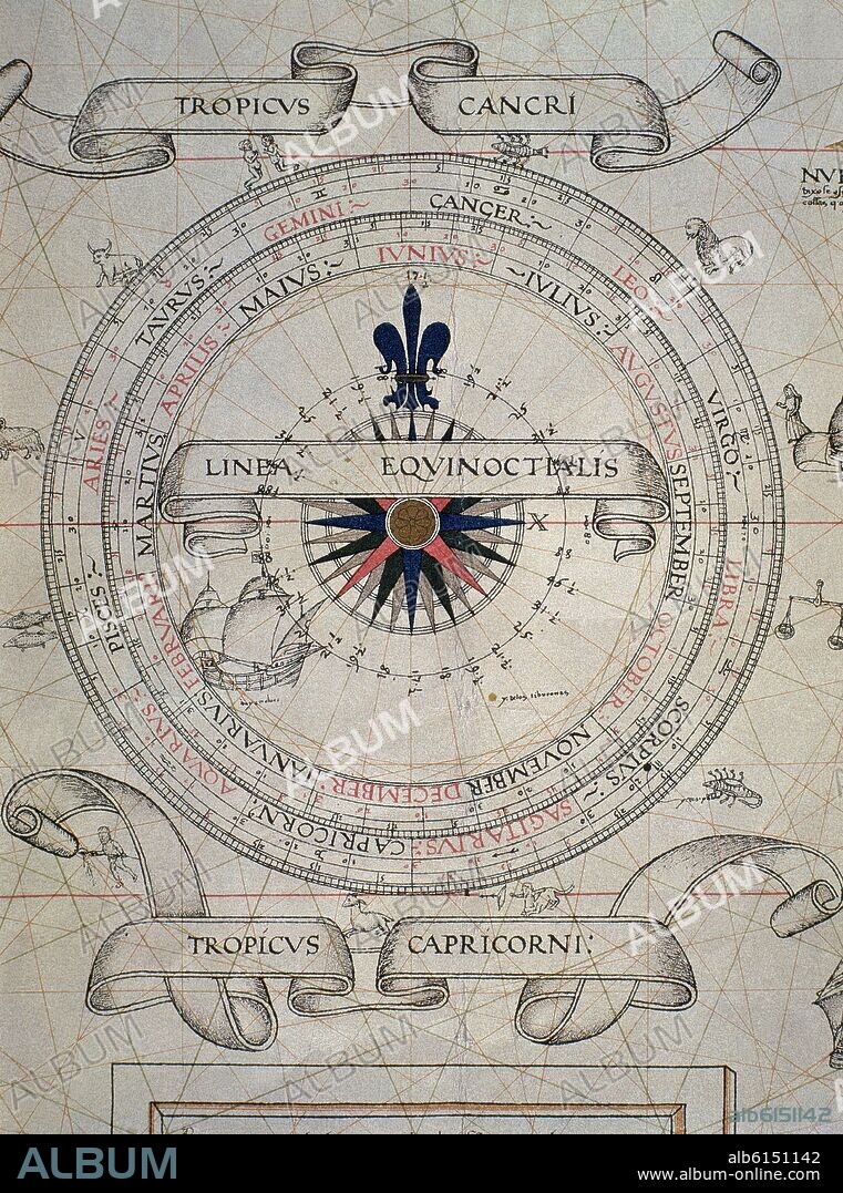 DIEGO RIBERO. MAPAMUNDI 1529 - ROSA NAUTICA DE LOS VIENTOS DIVIDIDA EN CUARTAS.