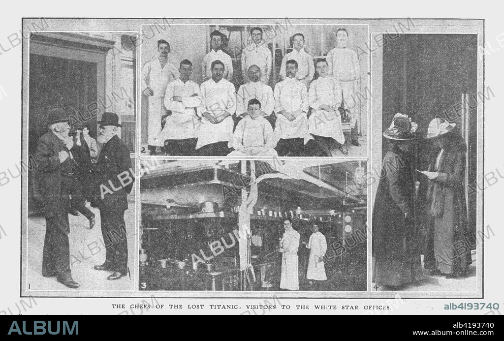 'The Chefs of the Lost Titanic', and 'Visitors to the White Star Offices', April 20, 1912. 'The Chefs of the Lost Titanic': catering staff on the ship. 'Visitors to the White Star Offices': relatives and friends wait anxiously for information on passengers. The White Star Line ship RMS 'Titanic' struck an iceberg in thick fog off Newfoundland on 14 April 1912. She was the largest and most luxurious ocean liner of her time, and thought to be unsinkable. In the collision, five of her watertight compartments were compromised and she sank. Out of the 2228 people on board, only 705 survived. A major cause of the loss of life was the insufficient number of lifeboats she carried. Page 19, from "Titanic In Memoriam Number", a special supplement in "The Daily Graphic" newspaper issued following the sinking of the 'Titanic' on 15 April 1912, published on 20 April 1912.