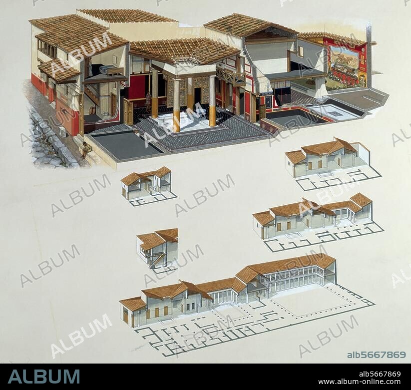 Pompeii (Italy), House of Lucius Caecilius Iucundus. Reconstruction of the house (top). Below: various models of Pompeiian houses of different ages: Italian house (top r., x 2); Casa del Fauno (bottom); house of a shop owner (left, x 2). Watercolour by Peter Connolly (1935-2012).