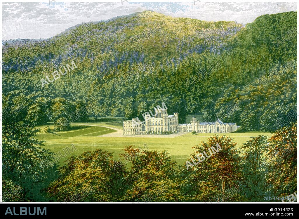 Taymouth Castle, Perthshire, Scotland, home of the Earl of Breadalbane, c1880. The castle was built in Gothic Revival style in the early 19th century. A print from A Series of Picturesque Views of Seats of the Noblemen and Gentlemen of Great Britain and Ireland, edited by Reverend FO Morris, Volume II, William Mackenzie, London, c1880. Wood-engraved plates after paintings by Benjamin Fawcett and Alexander Francis Lydon.