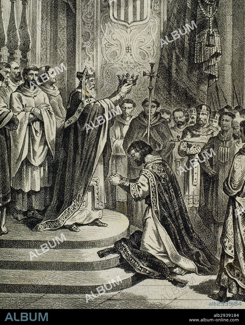 PEDRO III de Aragón y II de Cataluña, "el Grande", (Valencia,1240-Vilafranca del Penedès,1285). Rey de la Corona de Aragón (1276-1285). Hijo de Jaume I. Reinó en Valencia como Pedro I y fue conde de Barcelona como Pedro II. "CORONACION DEL REY PEDRO III COMO REY DE SICILIA". Grabado de "Historia de España Ilustrada", del siglo XIX.