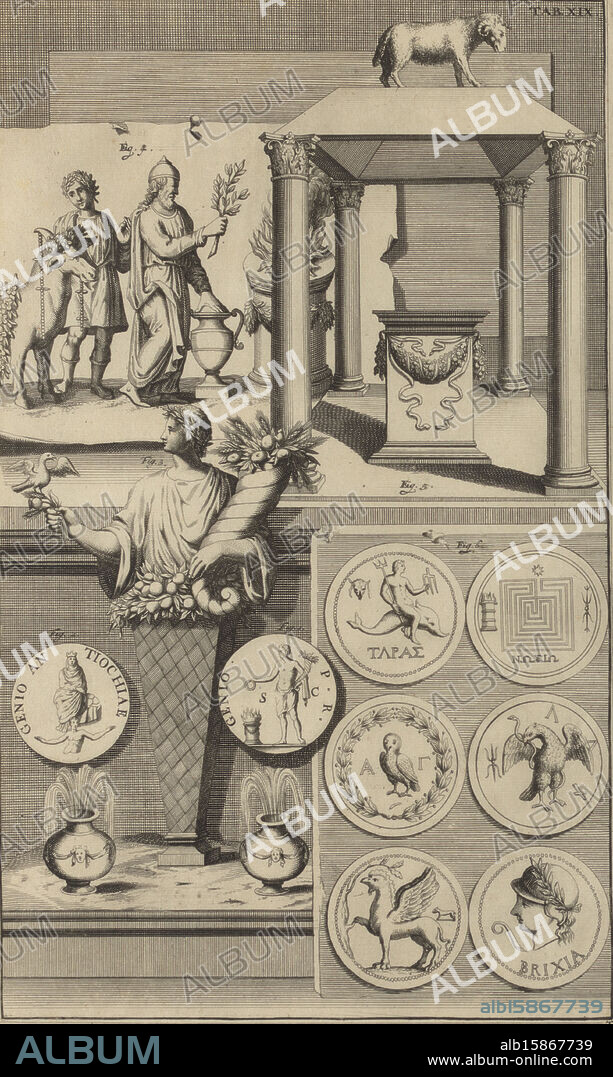 Composition with a drawing with sacrificial ritual, an altar, coins and a herm with cornucopia, The objects are numbered from Fig. 1 to Fig. 6. The whole is numbered at the top right: TAB. XIX., print maker: anonymous, 1700 - 1799, paper, etching, engraving, height 344 mm × width 209 mm, print.