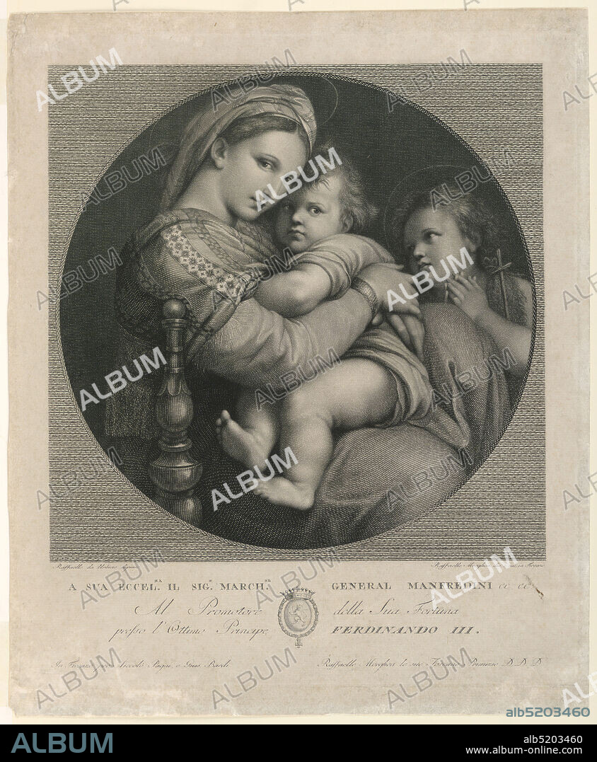 The Madonna della Sedia, Raphael Morghen, 1758 1833, Raphael, (Italian, 14831520), Engraving on paper, Within a tondo appears Raphael's well-known 'Madonna of the Chair' in the Pitti Palace, Florence., Florence, Italy, Italy, ca. 1800-1820, Print, Print.