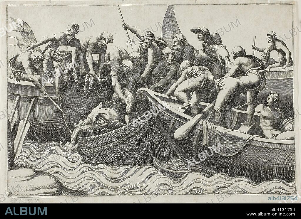 Fishermen Catching a Sea Monster. Adamo Scultori (Italian, c. 1530-1587); after Giulio Romano (Italian, c. 1499-1546). Date: 1560-1570. Dimensions: 210 x 314 mm. Engraving in black on ivory laid paper. Origin: Italy.