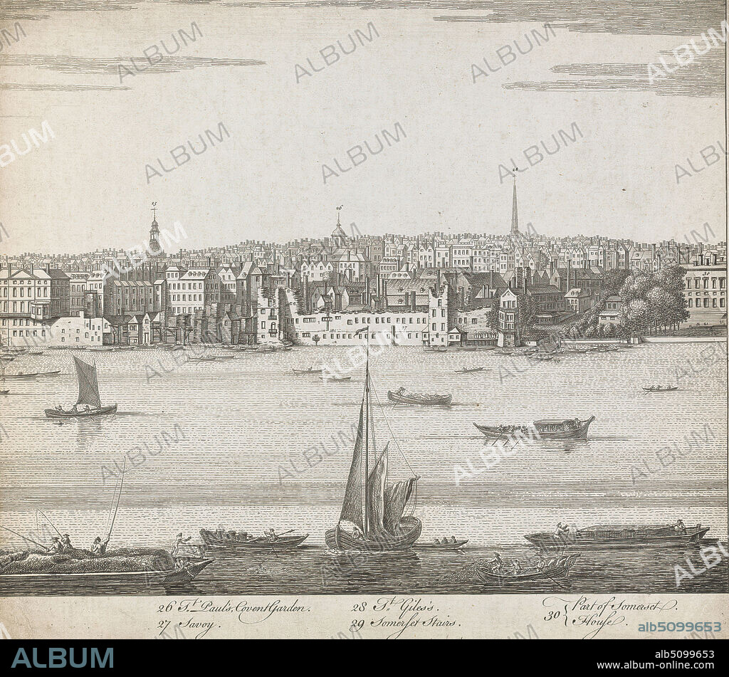 Portion of Buck's View of London (1749) showing the Savoy and Part of Somerset House, unknown artist, after Samuel Buck, 16961779, British, OR after Nathaniel Buck, active 17271753, 1749, Engraving.