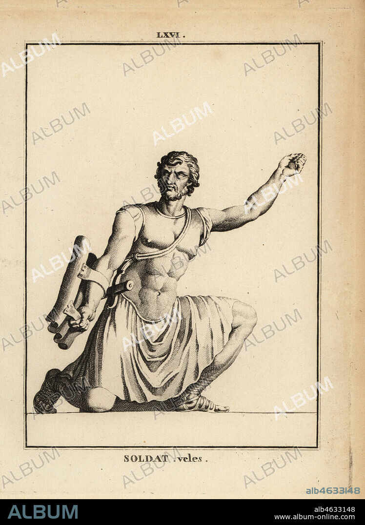 Statue of a Roman soldier, Velites or light infantry, with shord sword gladius, wooden shield parma. Copperplate engraving by Francois-Anne David from Museum de Florence, ou Collection des Pierres Gravees, Statues, Medailles, Chez F.A. David, Paris, 1787. David (1741-1824) drew and engraved the illustrations based on Roman statues, engraved stones and medals in the collection of the Museum de Florence and the cabinet of curiosities of the Grand Duke of Tuscany.