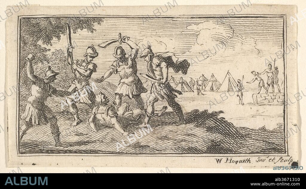 Beheading (John Beaver, Roman Military Punishments, 1725). Artist: William Hogarth (British, London 1697-1764 London). Author: Illustrates John Beaver (British, active 1725-27). Dimensions: sheet: 1 3/4 x 3 1/16 in. (4.4 x 7.7 cm). Date: after 1725.
