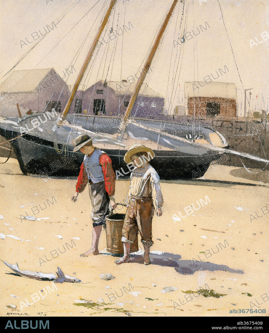 A Basket of Clams. Artist: Winslow Homer (American, Boston, Massachusetts 1836-1910 Prouts Neck, Maine). Dimensions: 11 1/2 x 9 3/4 in. (29.2 x 24.8 cm). Date: 1873.
In June 1873 Homer went to Gloucester, Massachusetts, where he painted  his first watercolors, depictions of the local children playing in  dories, sitting on the wharves, helping with chores, or simply  preoccupied by their own youthful concerns. One of the most delightful  products of that summer of experimentation is "A Basket of Clams."  This is the earliest watercolor by him to be acquired by the  Museum. The artist sums up the modest responsibilities of  childhood in this engaging image of two boys carrying a large basket  of clams along a shell-strewn beach. The background buildings and the  cropped two-masted sailboat refer to Gloucester's maritime activity.  This charming sheet typifies the direct observation, vigorous design,  and dazzling light of Homer's first watercolors. Reminders of his  experience as an illustrator are evident in his sense of pattern, use  of sharp outlines and flat washes, and attention to detail. Homer  shared an interest in childhood with many American artists of the  1870s. Their paintings responded to the spirit of the post-bellum era,  when the desire for national healing and the challenges of urban and  industrial growth made children symbols of a simpler and more innocent  time and of America'a hope for the future.