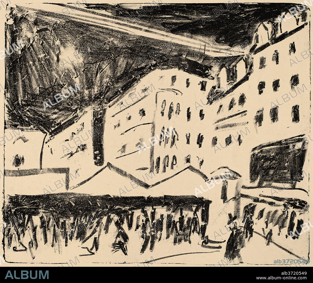 ERNST LUDWIG KIRCHNER. Old Market in Dresden with Annual Fair. Dated: 1910. Dimensions: image: 32.6 x 38.5 cm (12 13/16 x 15 3/16 in.)  sheet: 42.7 x 51.3 cm (16 13/16 x 20 3/16 in.). Medium: lithograph printed in black.
