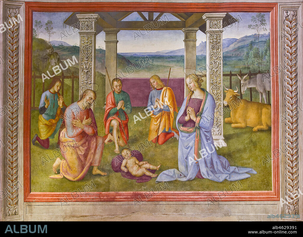 Montefalco, Museum of St. Francis, Church of St. Francis: "Nativity with the Annunciation and the Eternal among angels and cherubs", by Pietro Vannucci known as Perugino, 1503. Fresco.