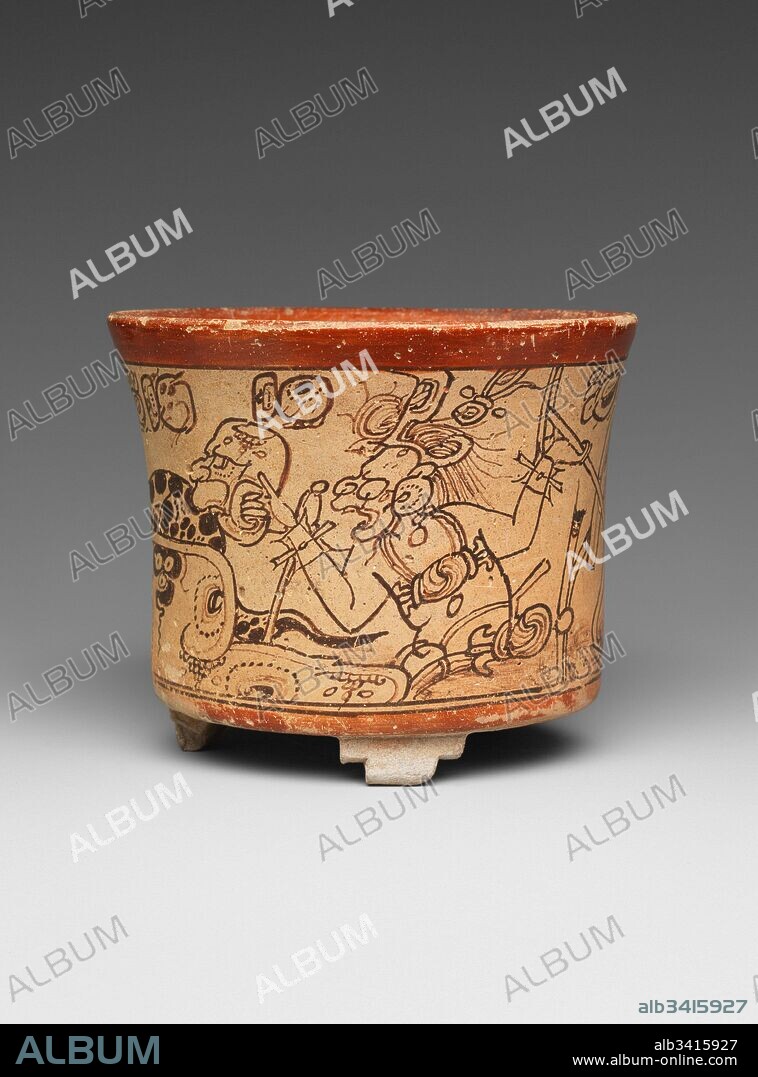 Vessel, Mythological Scene, 7th–8th century, Guatemala or Mexico, Mesoamerica, Maya, Ceramic, H. 4 1/2 in. (11.5 cm), Ceramics-Containers, This small drinking cup with stepped tripod supports features one of the most masterfully painted, well-preserved mythological scenes found on a Maya vessel. Because of the calligraphic line’s resemblance to that found in the three Maya books known as codices (sing.