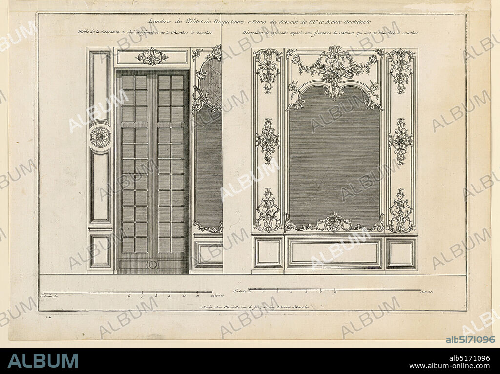 Panelling in Hotel Roquelaur,l Bedroom and Wall of Adjoining Room, Jean-Baptiste Le Roux, French, 1677 - 1746, Jean Mariette, 16601742, Etching on paper, Elevations of the two walls. bedroom, at left, a window with a mirror at right. At right, a section of the wall with a great mirror with narrow paneling. Rich carvings of acanthus scrolls. Inscribed, upper margin: 'Lambris de l'Hotel de Roquelaure a Paris du dessein de Mr. le Roux Architecte / meitié de la decoration du côté des fenêtres du cabinet qui suit la chambre à coucher'; lower margin, center: 'A Paris chez Mariette rue S. Jacques aux colonnes d'Hercules'., France, ca. 1727, Print, Print.