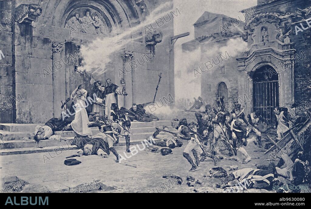 'An Episode of the Siege of Saragossa', c1808-1809, (1896). Scene from the Napoleonic Wars, 1803-1815; priests under fire on the steps of a church. The first siege of the Spanish city of Zaragoza by French forces under Napoleon Bonaparte took place from 15 June 1808 to 14 August 1808. The second siege lasted from 20 December 1808 to 20 February 1809. Engraving after the painting by Jules Girardet. From Life of Napoleon Bonaparte, Volume III, by William Milligan Sloane. [The Century Co., New York, 1896].